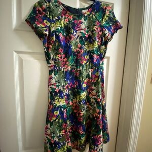 J. Crew Factory Pink and Green Fit and Flare Dress with Ruffled Tiers